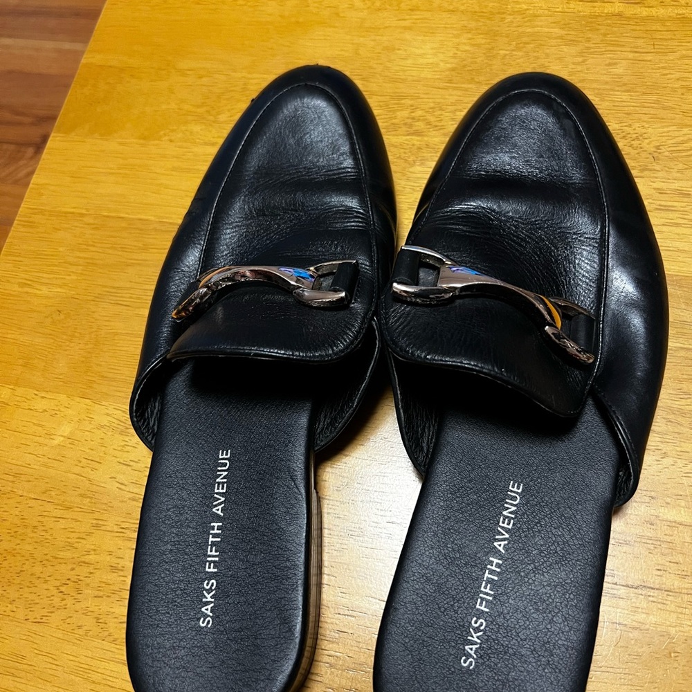 Saks Fifth Avenue Black Leather Mules with Silver Accents